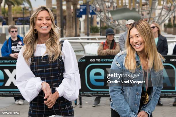 Renee Bargh and Chloe Kim visit "Extra" at Universal Studios Hollywood on February 27, 2018 in Universal City, California.