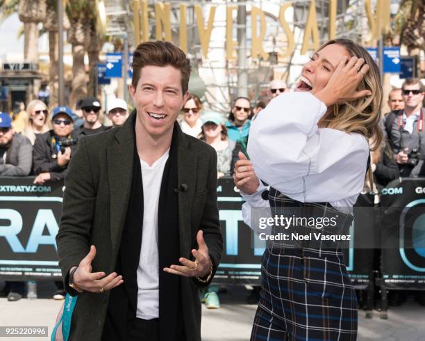 Shaun White and Renee Bargh visit "Extra" at Universal Studios Hollywood on February 27, 2018 in Universal City, California.