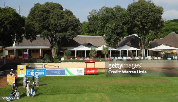 Players tee off the first hole during a practice round ahead of the Tshwane Open at Pretoria Country Club on February 28, 2018 in Pretoria, South...