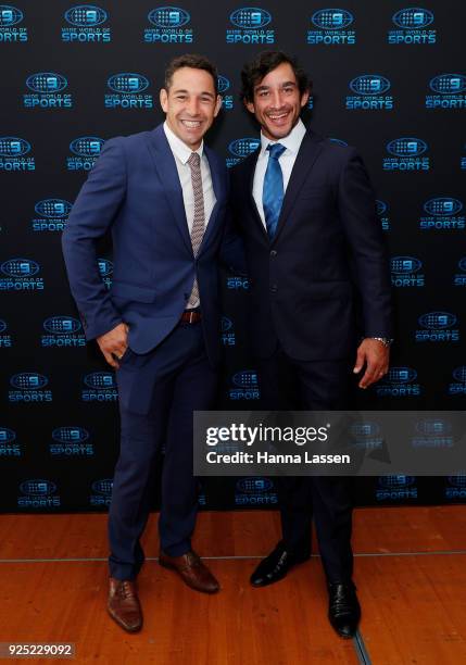 Billy Slater and Johnathan Thurston attends the Nine Network 2018 NRL Launch at the Australian Maritime Museum on February 28, 2018 in Sydney,...