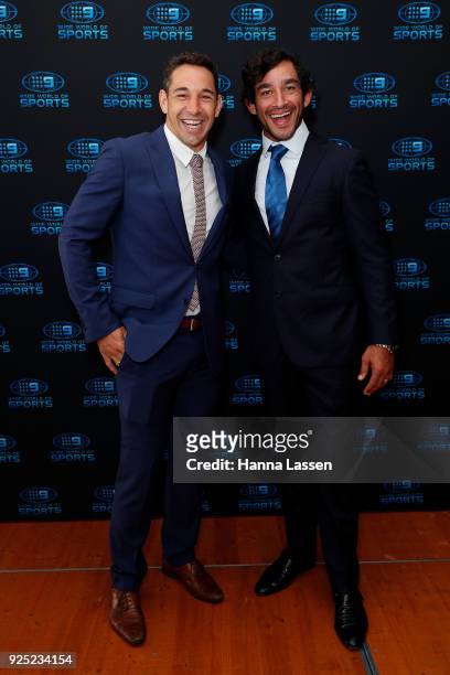 Billy Slater and Johnathan Thurston attend the Nine Network 2018 NRL Launch at the Australian Maritime Museum on February 28, 2018 in Sydney,...