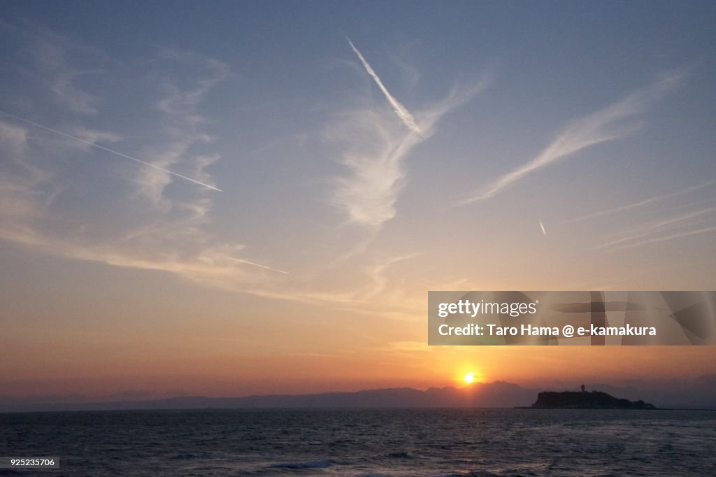 Evening sun on Izu Peninsula, Sagami Bay and Enoshima Island in Kanagawa prefecture in Japan