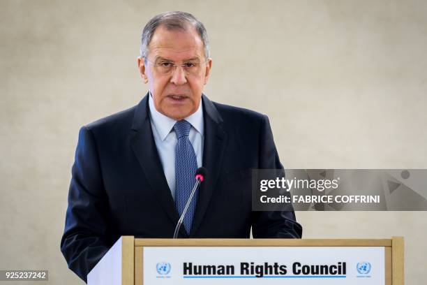 Russian Foreign Minister Sergei Lavrov addresses the UN Human Rights Council on February 28, 2018 in Geneva. Russian foreign minister Sergei Lavrov...