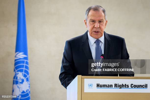 Russian Foreign Minister Sergei Lavrov addresses the UN Human Rights Council on February 28, 2018 in Geneva. Russian foreign minister Sergei Lavrov...