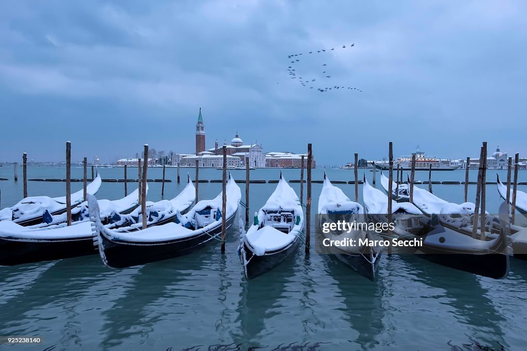 Snow Blankets Venice As Siberian Weather Front Sweeps Across Europe