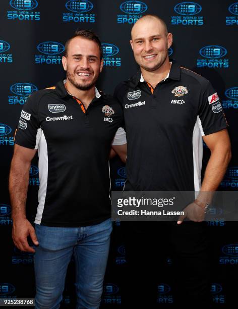 Josh Reynolds and Robbie Rockow attends the Nine Network 2018 NRL Launch at the Australian Maritime Museum on February 28, 2018 in Sydney, Australia.