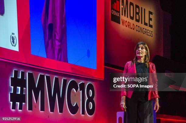 Enrica Porcari, World Food Programme Officer and Director of IT, World Food Programme and Chair, Emergency Telecommunications Cluster on stage. The...