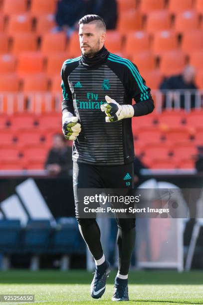 Goalkeeper Francisco Casilla Cortes, K Casilla, of Real Madrid reacts during the training prior to the La Liga 2017-18 match between Valencia CF and...