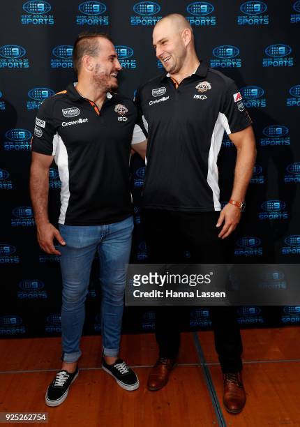 Josh Reynolds and Robbie Rockow attends the Nine Network 2018 NRL Launch at the Australian Maritime Museum on February 28, 2018 in Sydney, Australia.