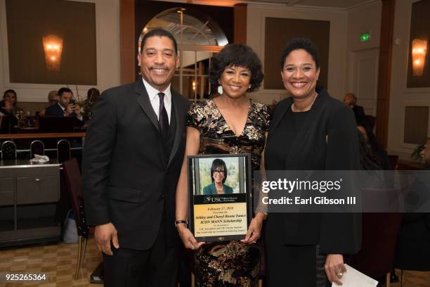 David White, Cheryl Boone Isaacs and Vanessa Morrison pose for a photo at the ICON MANN's 6th Annual Pre-Oscar Dinner at the Beverly Wilshire Four...