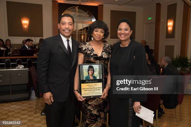 David White, Cheryl Boone Isaacs and Vanessa Morrison pose for a photo at the ICON MANN's 6th Annual Pre-Oscar Dinner at the Beverly Wilshire Four...