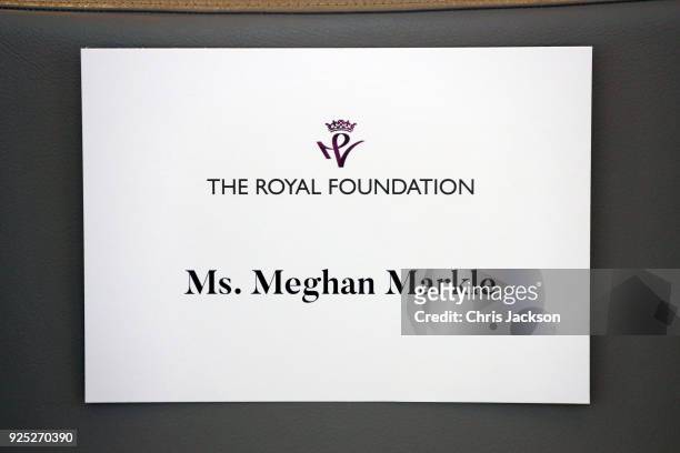 Close up of Meghan Markle's name badge from the Royal Foundation as she will attend the first annual Royal Foundation Forum alongside Prince William,...