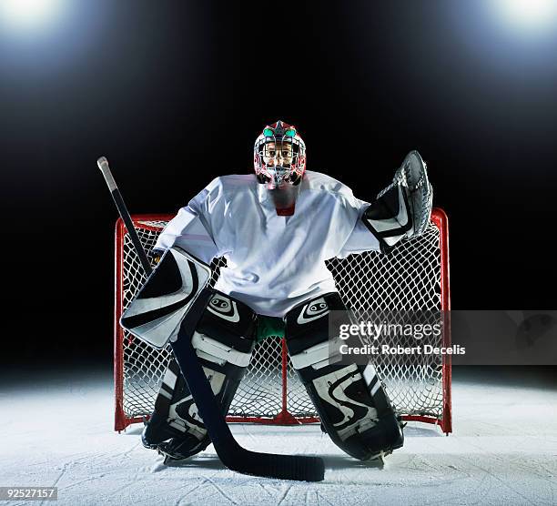 ice hockey goal keeper in front of goal - ijshockeytenue stockfoto's en -beelden