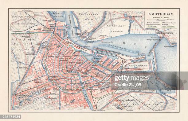 city map of amsterdam, netherlands, lithograph, published in 1897 - amstel river stock illustrations