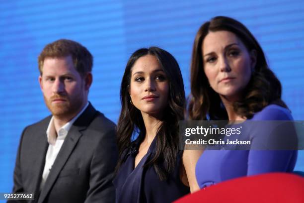 Prince Harry, Meghan Markle and Catherine, Duchess of Cambridge attend the first annual Royal Foundation Forum held at Aviva on February 28, 2018 in...