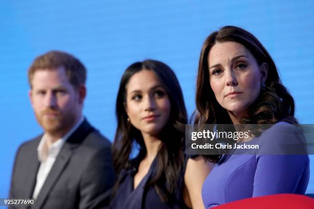 Prince Harry, Meghan Markle and Catherine, Duchess of Cambridge attend the first annual Royal Foundation Forum held at Aviva on February 28, 2018 in...