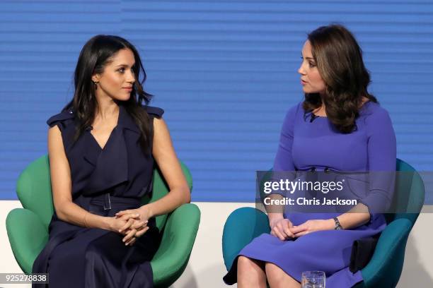 Meghan Markle and Catherine, Duchess of Cambridge attend the first annual Royal Foundation Forum held at Aviva on February 28, 2018 in London,...