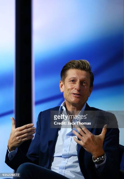 Crystal Palace Chairman, Steve Parish speaks on stage during the Sport Industry Breakfast Club at the BT Centre on February 28, 2018 in London,...