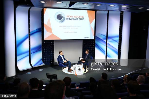 Crystal Palace Chairman, Steve Parish on stage interviewed by James Pearce during the Sport Industry Breakfast Club at the BT Centre on February 28,...