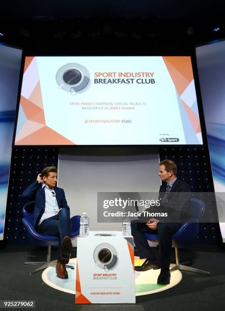 Crystal Palace Chairman, Steve Parish on stage interviewed by James Pearce during the Sport Industry Breakfast Club at the BT Centre on February 28,...