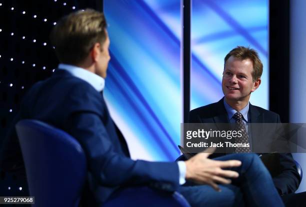 James Pearce on stage interviewing Crystal Palace Chairman Steve Parish during the Sport Industry Breakfast Club at the BT Centre on February 28,...