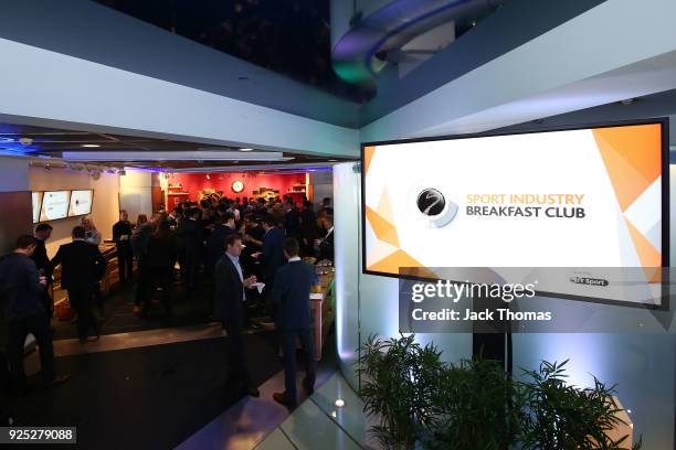 General view of guest networking during the Sport Industry Breakfast Club at the BT Centre on February 28, 2018 in London, England.