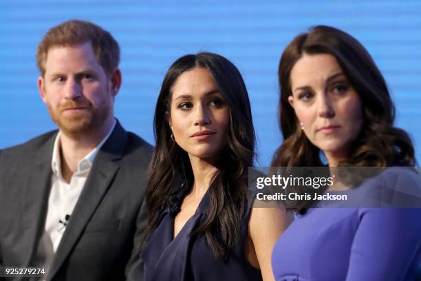 Prince Harry, Meghan Markle and Catherine, Duchess of Cambridge attend the first annual Royal Foundation Forum held at Aviva on February 28, 2018 in...