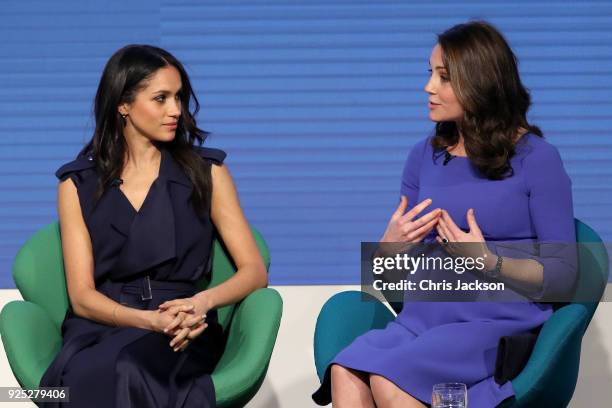 Meghan Markle and Catherine, Duchess of Cambridge attend the first annual Royal Foundation Forum held at Aviva on February 28, 2018 in London,...