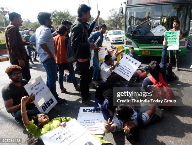 All India Students Association during a protest against Delhi Metro Fare Hike in New Delhi.