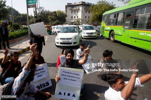 All India Students Association during a protest against Delhi Metro Fare Hike in New Delhi.