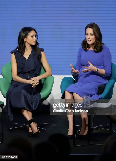 Meghan Markle and Catherine, Duchess of Cambridge attend the first annual Royal Foundation Forum held at Aviva on February 28, 2018 in London,...