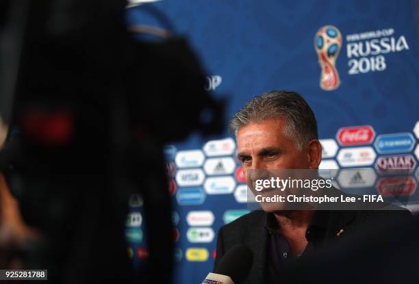 Head Coach Carlos Queiroz of Iran talks to the media during Day 2 of the 2018 FIFA World Cup Russia Team Workshop on February 28, 2018 in Sochi,...