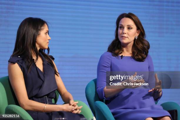 Meghan Markle and Catherine, Duchess of Cambridge attend the first annual Royal Foundation Forum held at Aviva on February 28, 2018 in London,...