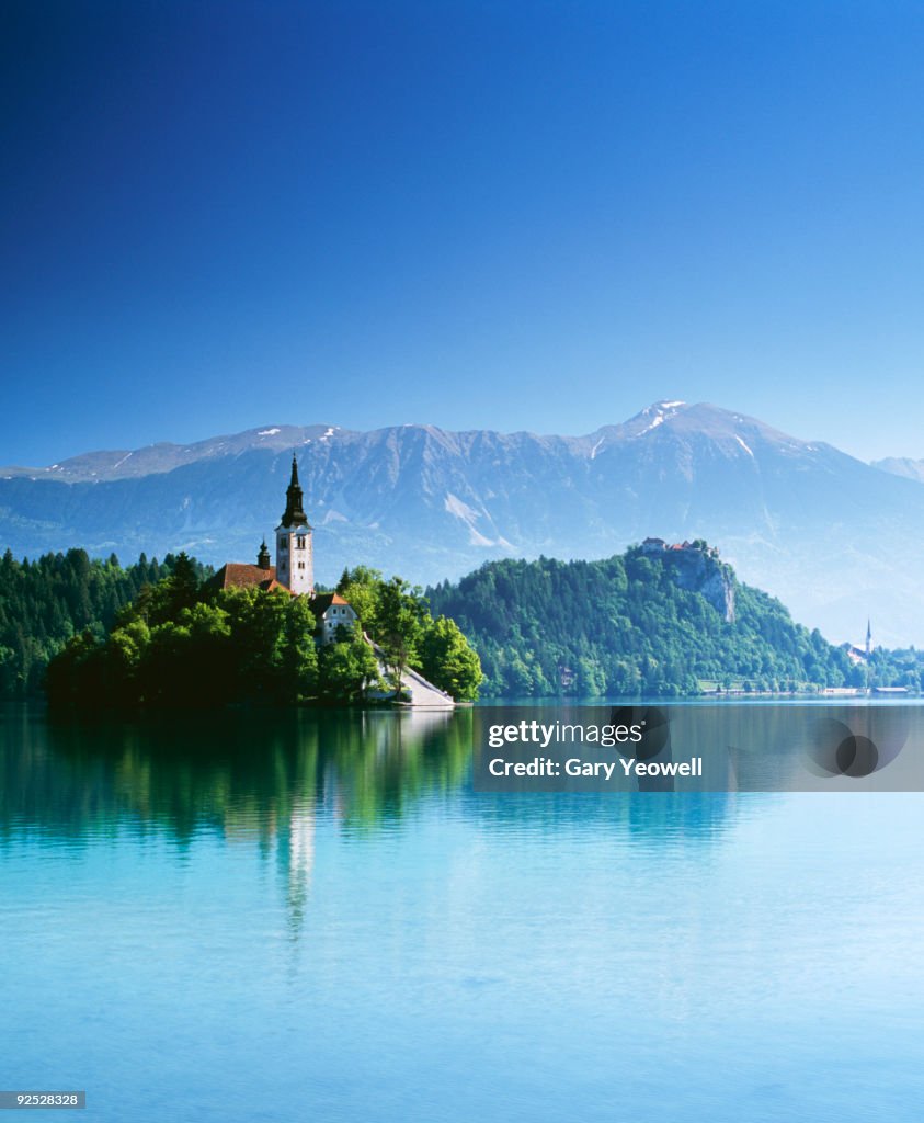 Church reflected in a lake