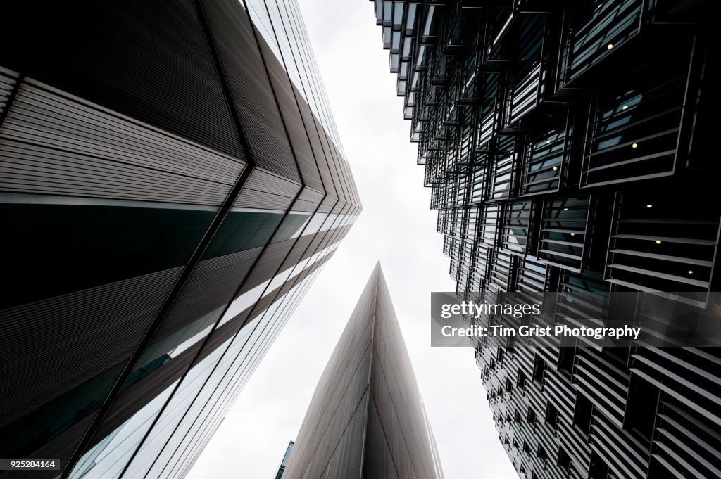 Directly Below Shot Of Modern Office Buildings, London.