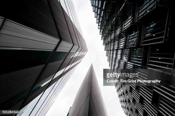 directly below shot of modern office buildings, london. - city from a new angle stockfoto's en -beelden