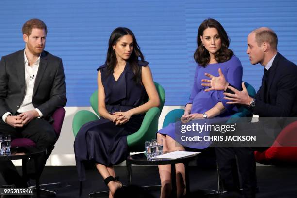 Britain's Prince Harry, Meghan Markle, Catherine, Duchess of Cambridge and Prince William, Duke of Cambridge attend the first annual Royal Foundation...