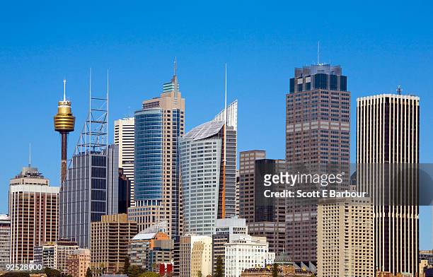 centrepoint tower and the skyline of sydney - centrepoint tower stock pictures, royalty-free photos & images
