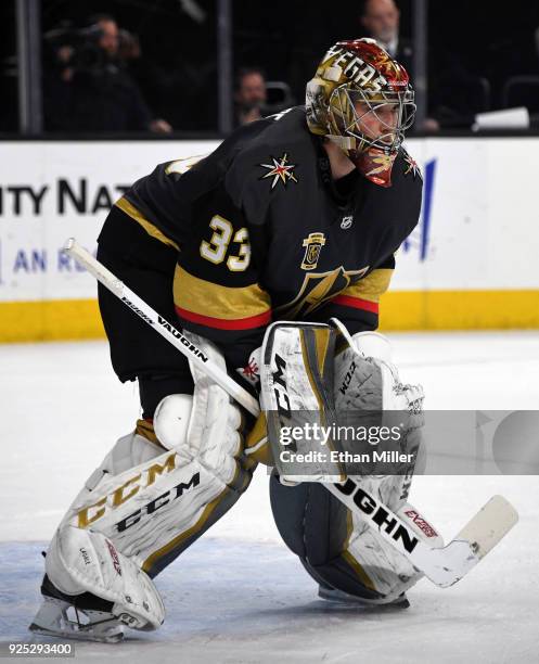 Maxime Lagace of the Vegas Golden Knights tends net against the Los Angeles Kings in the third period of their game at T-Mobile Arena on February 27,...