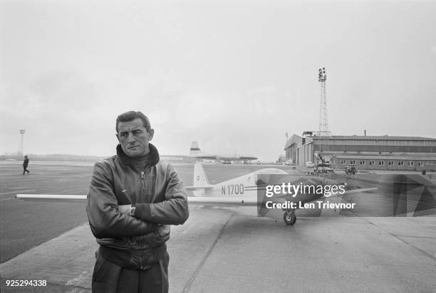 Hydroplane racer and former pilot Mira Slovak with his single-seater motor glider Fournier RF-4, UK, 9th May 1968.
