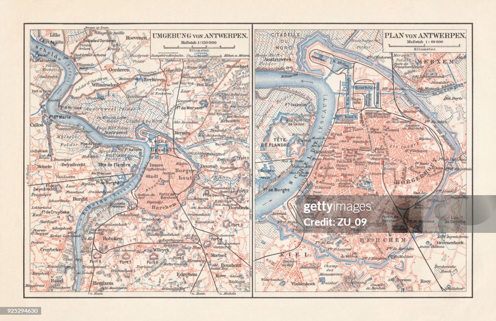 Plan de la ville d’Anvers et ses environs, Belgique, lithographie, publié 1897