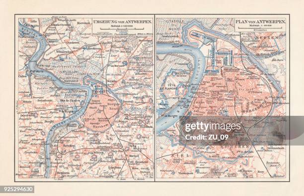 city map of antwerp and surrounding, belgium, lithograph, published 1897 - scheldt river stock illustrations