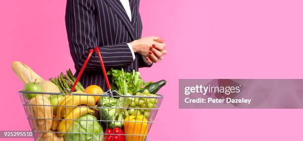 supermarket weekly shop with copy space - shopping basket stock pictures, royalty-free photos & images