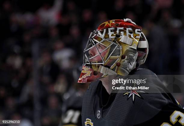 Maxime Lagace of the Vegas Golden Knights takes a break during a stop in play in the third period of a game against the Los Angeles Kings at T-Mobile...