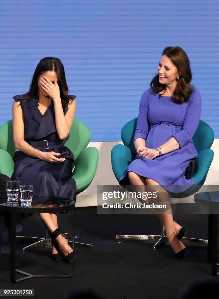 Meghan Markle and Catherine, Duchess of Cambridge attend the first annual Royal Foundation Forum held at Aviva on February 28, 2018 in London,...