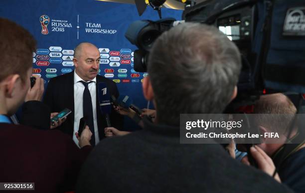 Head Coach Stanislav Cherchesov of Russia talks to the media during Day 2 of the 2018 FIFA World Cup Russia Team Workshop on February 28, 2018 in...