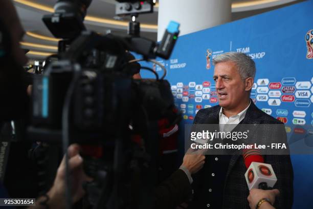 Head Coach Vladimir Petkovic of Switzerland talks to the media during Day 2 of the 2018 FIFA World Cup Russia Team Workshop on February 28, 2018 in...