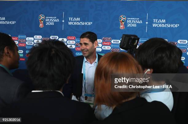 Technical Director Hernando Hierro of Spain talks to the media during Day 2 of the 2018 FIFA World Cup Russia Team Workshop on February 28, 2018 in...