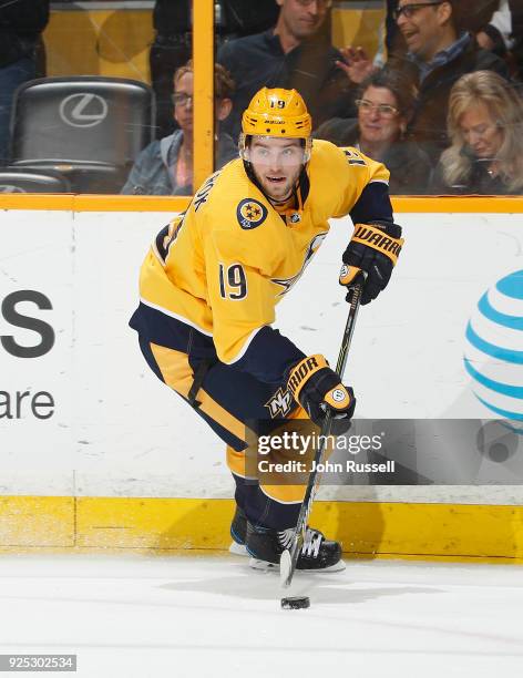 Calle Jarnkrok of the Nashville Predators skates against the St. Louis Blues during an NHL game at Bridgestone Arena on February 25, 2018 in...