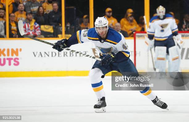 Jordan Schmaltz of the St. Louis Blues skates against the Nashville Predators during an NHL game at Bridgestone Arena on February 25, 2018 in...